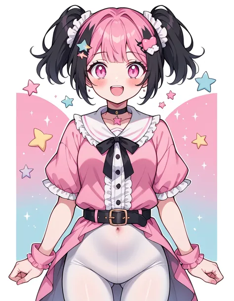 neondskdrmsxl, score_9_up, score_8_up, score_7_up, score_6_up, 1girl, solo, pastel colors, open mouth, ight pink eyes,. body hair: wavy short Hair color: with short black hair and inner pink hair, star , (symbol), starwavy short Hair color: with short blac...