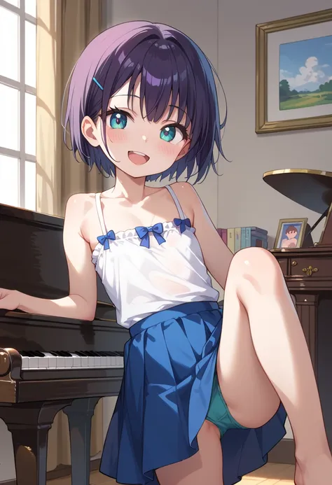 (( top quality)), ((masterpiece)), (be familiar with),  perfect face, indoor, bedroom,  watching viewers,
One woman, Mikazuki Kan,
 open mouth,  ecstatic expression beside the piano, blush, smile,
 small ,  flat chested, Young girl, Lori,  kids,  girl,
Sho...