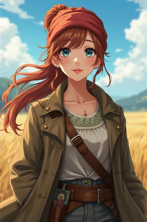 * girl , in anime style, 20-25 years old,  background, fragile, but с сильbutй энергетикой. В ее движениях соединяется гибкость и решительbutсть, and her gaze reveals inner stubbornness and love of freedom. Волосы каштаbutвые, Long and thick. В полевых усл...