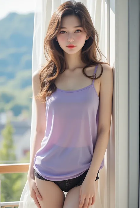 A young and beautiful Asian woman with large breast,  smooth, radiant skin, standing in a bright and serene morning atmosphere. She is wearing a loose sheer light purple small strap tank top and black lace woman panties, reflecting a casual and relaxed vib...