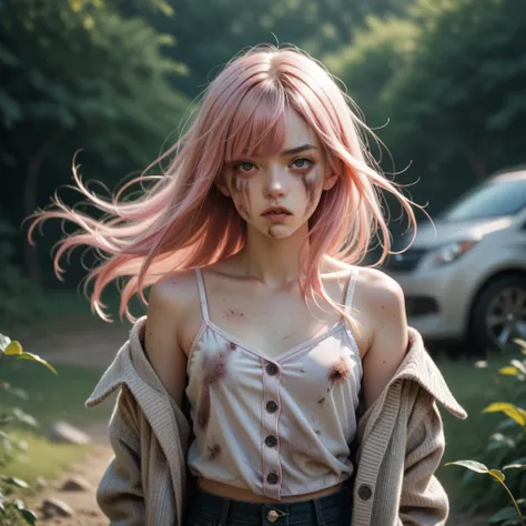  japanese girl. Bruises on her body. Many injuries. Dirty body. wearing dirty camisole and cardigan. in the wind, Pink long hair with bangs, covering her eye with her hand.