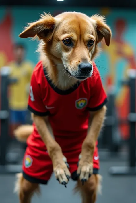 Dog wearing Flamengo clothes doing functional training