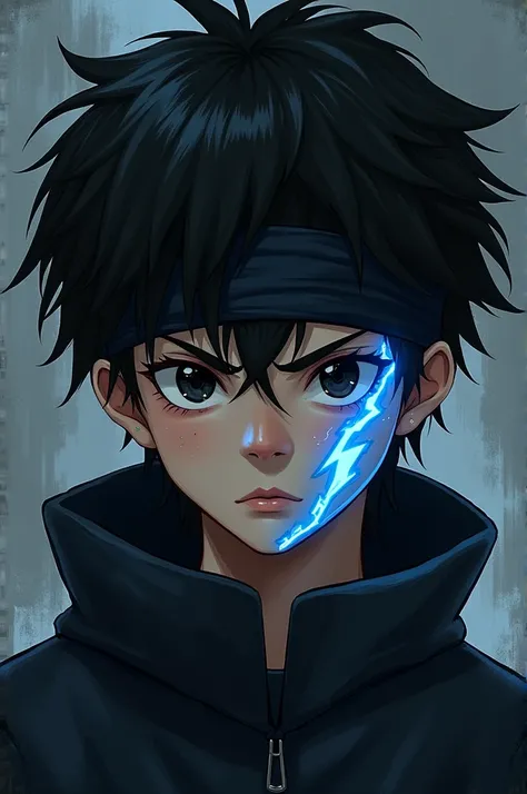  A boy about  , black hair,light skin, black eyes(serious look), with blue lightning painted on the left side of his face(medium), with a band on his head ,and disheveled hair 