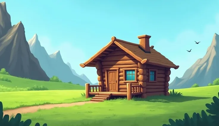 The image shows a small wooden cabin in the middle of a green field with mountains in the background. The cabin is made of logs and has a sloping roof with a chimney on top. It has a porch with a wooden railing and steps leading up to the front door. There...