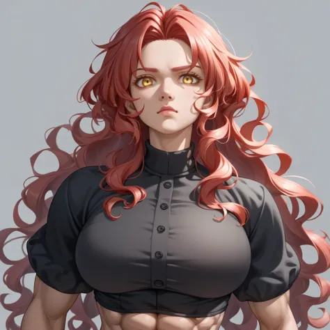 Woman 1, Detail,  long hair ,  red hair,  wavy hair , breasts,  big breasts, muscular, Russian facial features,  Abdominals ,  yellow eyes ,  front look , imposing look,  mirada enojada,  simple background ,  from waist up , fitted black blouse, thin chin,...