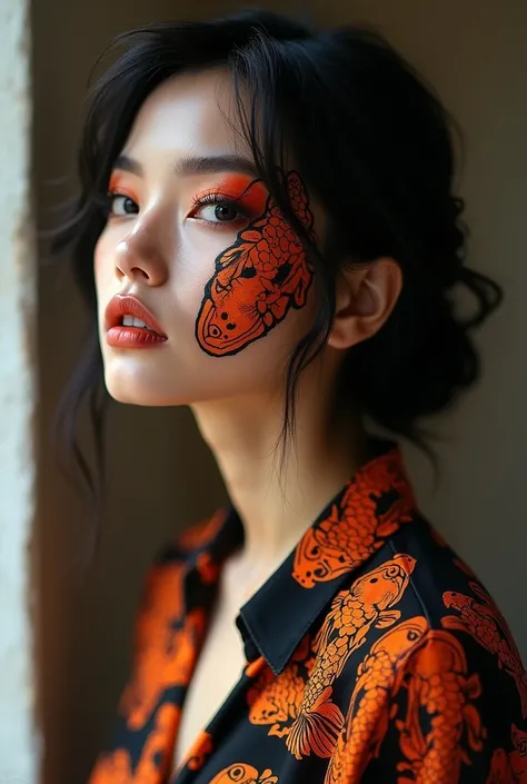 A woman wears a koi fish pattern shirt, orange and black makeup, and faces sideways.