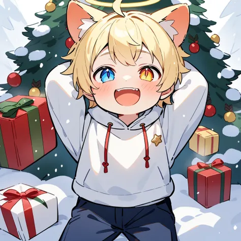 （masterpiece：1.2，high quality），8k，High resolution，A seven-year-old boy，cute boy，blonde hair，short hair， heterochromia，slit pupils， ahoge，cat ears，laughing， skin catch，halo，Wearing a white hoodie，Dark blue pants ，Christmas ，Christmas tree，Gift，primary schoo...