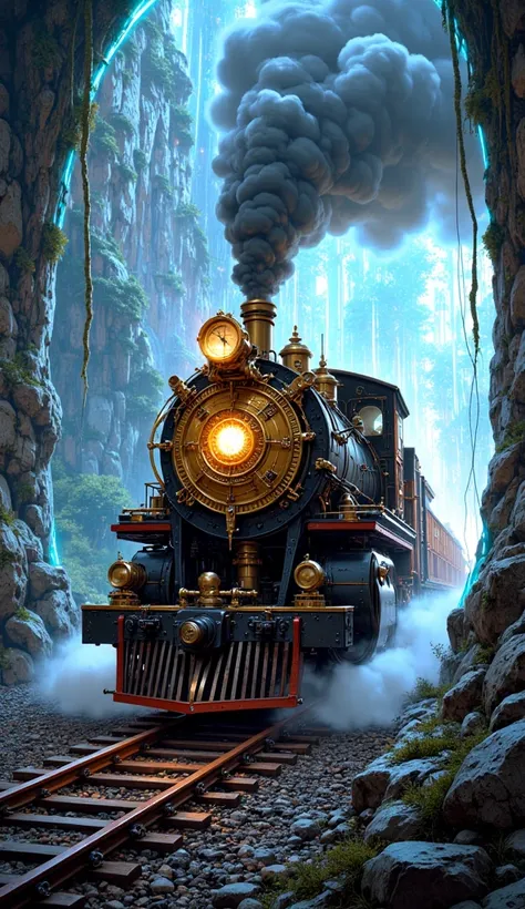 a steam train coming out of a portal. the train has a clock on its front. the portal it comes out from is magical and glows brightly.