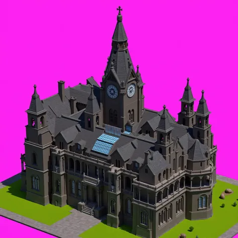 A highly detailed, isometric view of a large, Gothic-style mansion or cathedral with intricate architectural features. The building is constructed from dark gray stone, with tall spires and domed towers topped with ornate finials. The structure features ar...