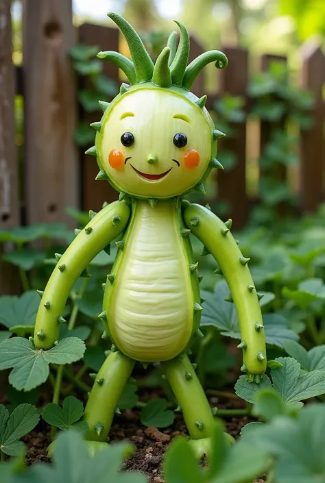 "A playful and creative outdoor scene featuring an adorable humanoid figure made entirely from fresh, light green chayotes (chuchus). The figure has a friendly, carved smile with small, shiny black seeds for eyes and a whimsical tuft of green chayote vines...