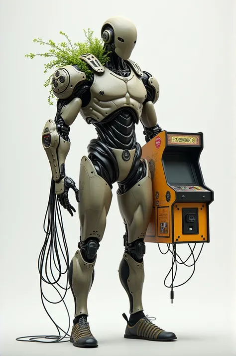 Make a character with half human and half robot ,  with half human him holding electrical wires and the robot part he is holding a gaming cabinet
