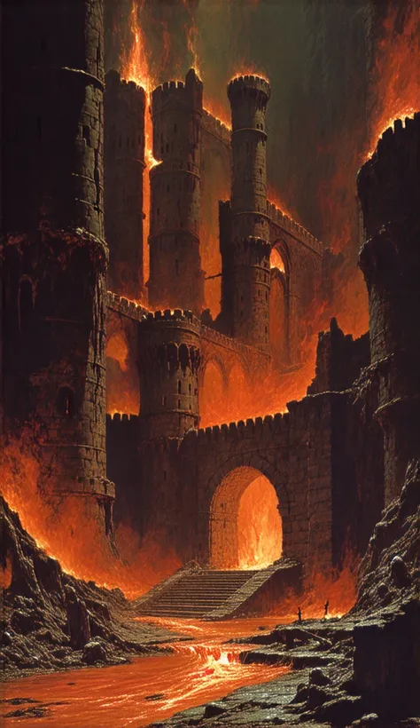 DVD Screengrab from a 1982 dark fantasy movie. Retro in Color.  featuring a Deep within the castle’s dungeon, rivers of molten metal flow between towering furnaces. Damned souls, reduced to skeletal forms, labor ceaselessly, crafting grotesque weapons and ...