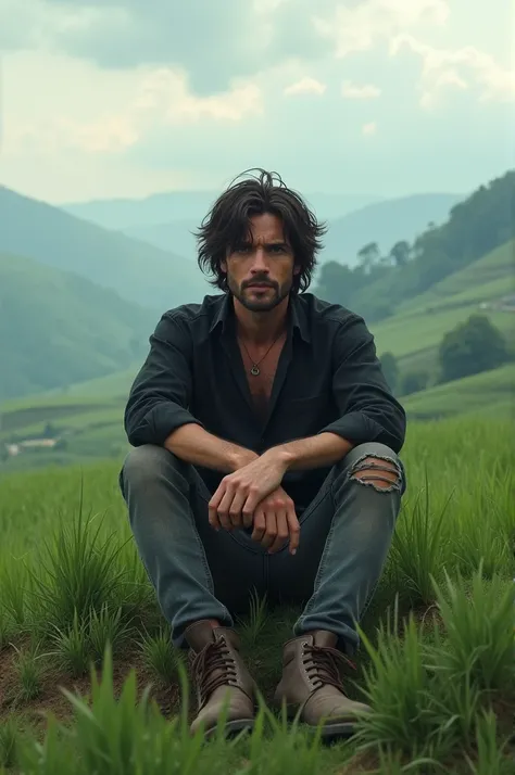 a man with long messy hair, wearing a black long-sleeved shirt, ripped jeans and cool boots, facing the camera, sitting on a hill with a view of rice fields and a clear, cloudy sky.