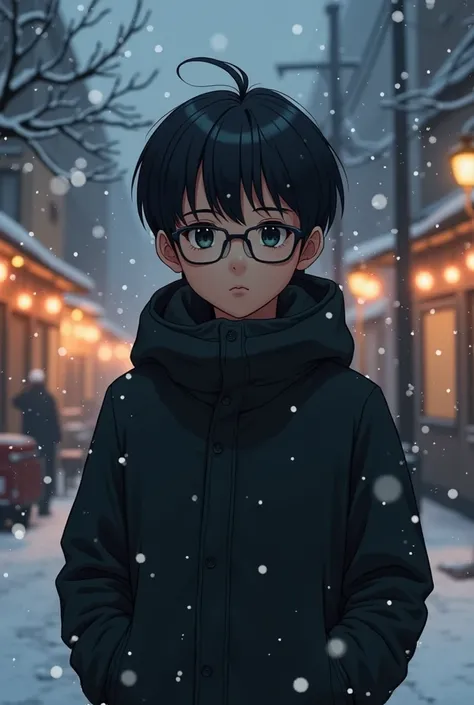 Introvert japanese boy with glasses , wearing a black jacket and Christmas 