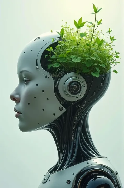  Create an image of a futuristic head , a plant ,  being born in place of the brain ,  an image representing human resilience, reflection 