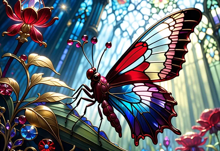 Three primary colors ,  cinematic ,  Official Art ,  close-up fairytale clear glass moth ruby peony flower, , Baroque, Claora, High definition stained glass wings , Amethyst crystals, Iridescent Labradorite Crystals,  Andy Kehoe , John Blanche, Intricate a...