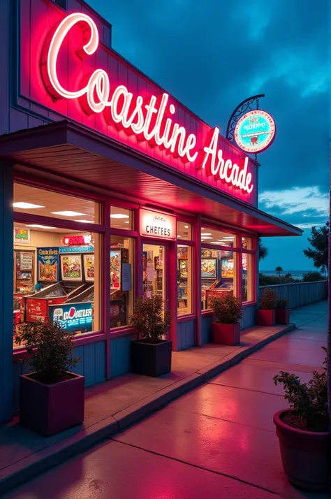 The Coastline Arcade is a vibrant, retro-style arcade located near the beach. Its exterior is adorned with bright neon lights and colorful signage, showcasing classic arcade games and prizes. The building has large windows, allowing passersby to glimpse th...