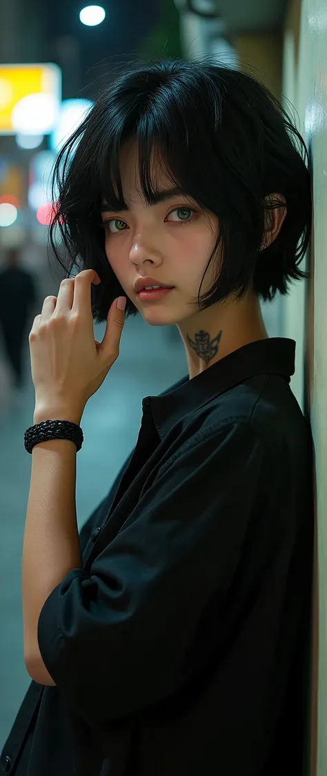  In the professional realistic photography style a young woman wearing a wide black shirt short androgen-style hair smooth black tattoo on her dark neck makeup around her eyes is in profile with one hand in her hair thoughtfully looking to the side, On her...