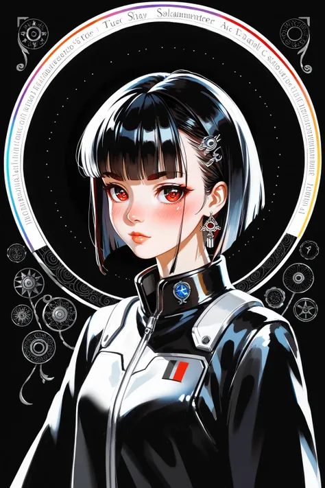 ((best quality)), ((masterpiece)), (detailed), perfect face of cyberpunk mecha japanese girl, young, pure, pale, face blush, shiny black eyes, shiny black body, shiny black hair, ((monochromatic black color palette)), surreal, art nouveau, in the illustrat...