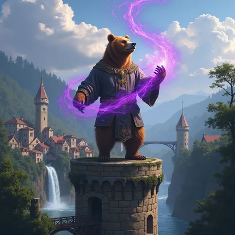  highly detailed digital art ,  tongue , unrealistic illustration ,  digital painting .  The scene features a majestic bear standing on top of a stone tower in a medieval eco-punk city,  surrounded by lush trees ,  crystalline rivers and majestic waterfall...