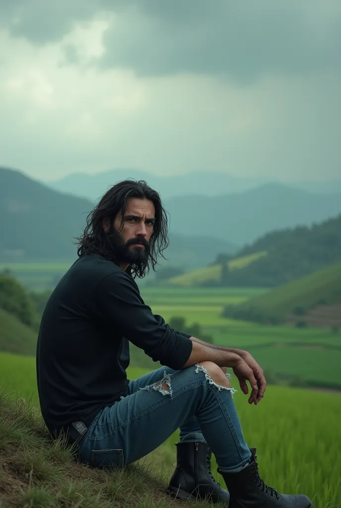 a man with very long messy hair, wearing a black long-sleeved shirt, ripped jeans and cool boots, facing the camera, sitting on a hill with a view of rice fields and a clear, cloudy sky.