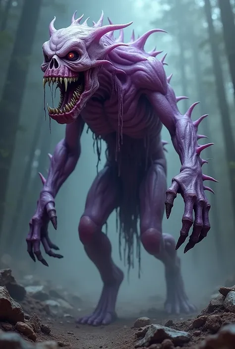 The demortified creature is a walking nightmare, an aberration between life and death. Its body is wrapped in a purple and translucent skin, thin as a rotten membrane. The ghostly glow on its rotting flesh emits a spectral light that seems to swallow the v...