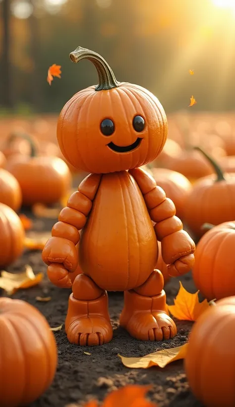 "A whimsical and charming scene in a pumpkin patch, featuring a humanoid figure made entirely of pumpkins. The head of the figure is a small, round pumpkin with its bright orange skin and a stem on top, forming a cute and expressive face. Its eyes are crea...