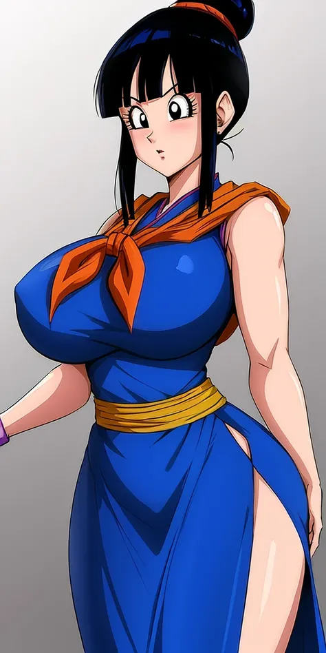 chichi_dbz, standing, solo, ((large_breasts)), Blue_Dress_Orange_Neckerchief, masterpiece, best quality, detailed face, detailed eyes, highres,