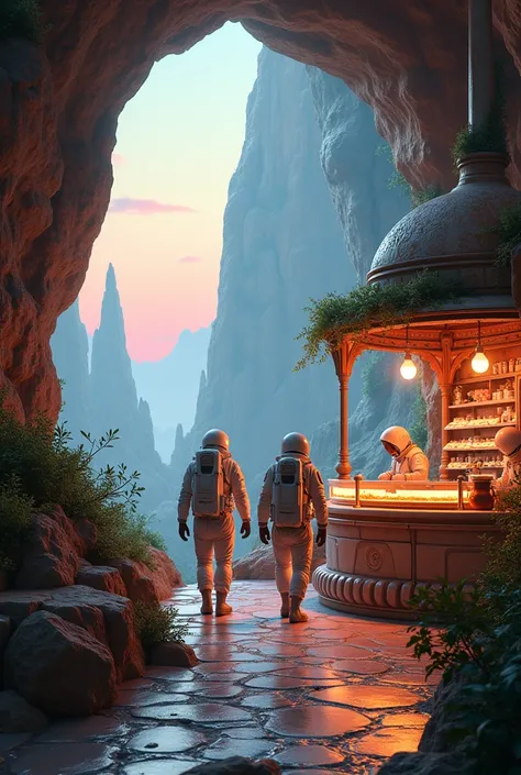 Astronautes visiting tea shop in another planet