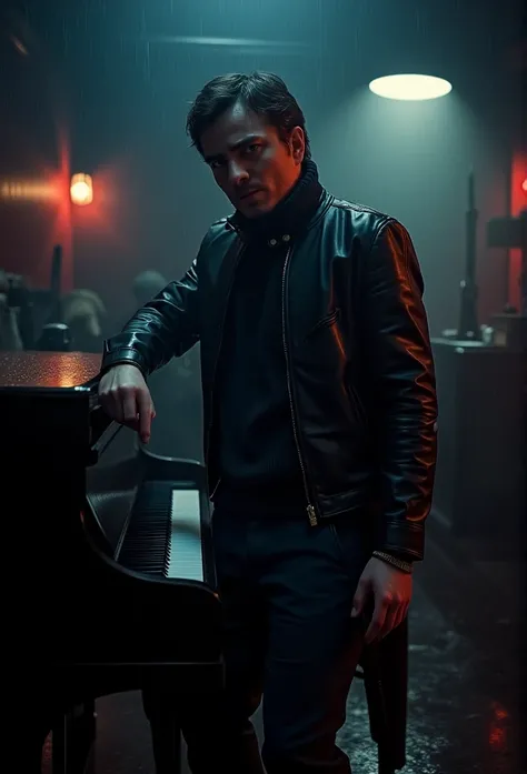 stands at the piano and presses the keys with one hand, a man in a dark room, suited figure whit beretta gun, film noir style, Hawaiian shirt, leather black jacket, flashlight to the camera, dramatic lighting, high contrast, moody atmosphere, cinematic com...