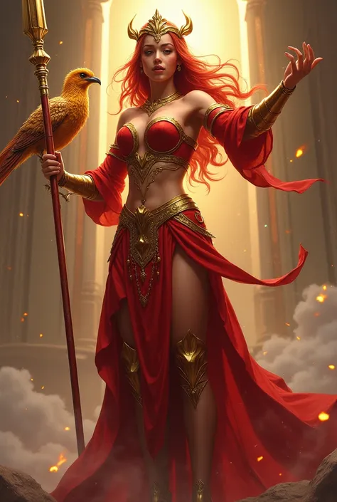 Warrior goddess, medium and red hair,  with red and gold highlights ,   with bright red clothes and gold details, with tiara and gold bracelets with a spear in her hand and a phoenix resting on her arm 