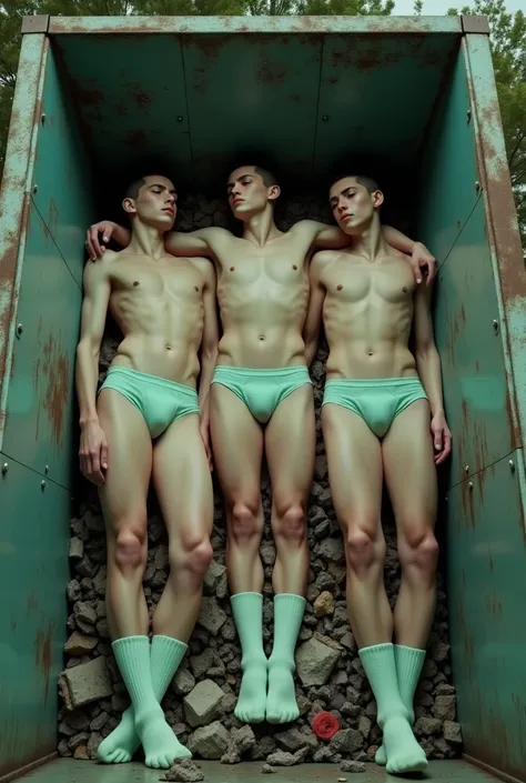 Five young Russian soldiers with dark buzz cut hair are laying unconscious on in a garbage dumpster. They are all wearing pale green Tanga briefs and pale green socks. 