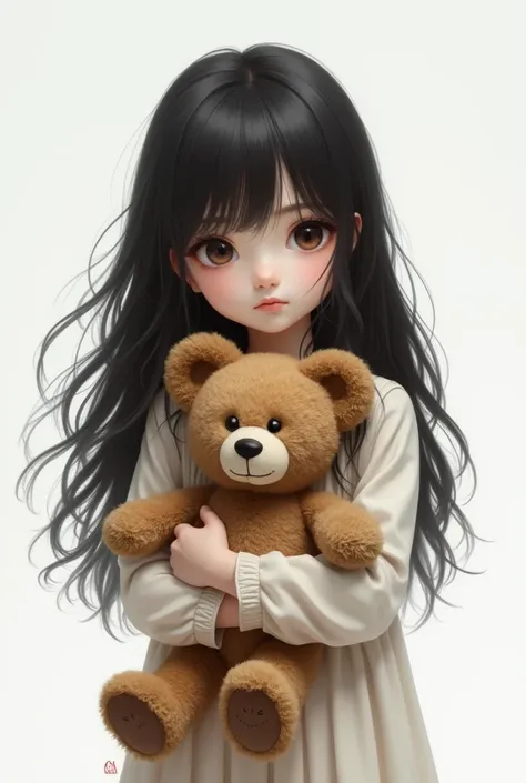 girl with long black hair holding a teddy bear, white background without details  