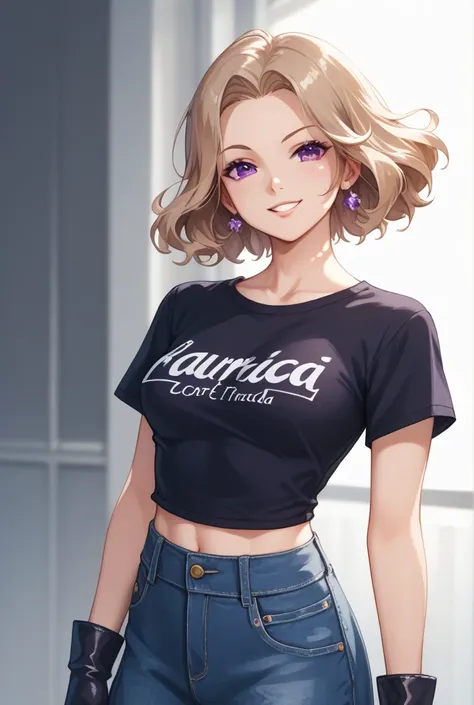  Here is a more specific version of the text :

- By the: ,  light brown with dark reflections ,  with a stretch of hair that falls slightly on the forehead the left eyebrow.
- Shirt: short sleeve, V-neck,  in deep purple with an integrated skirt of the sa...