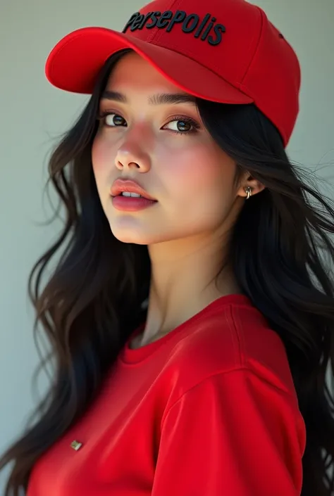 A beautiful 22-year-old girl with long black hair, a red T-shirt, and a red tennis cap with Persepolis written on it.