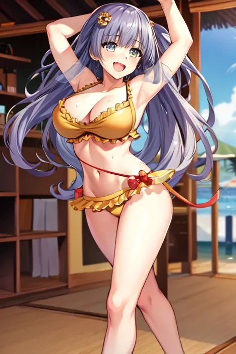 masterpiece, best quality, beautiful art, high resolution, well formed hands, body and fingers, 1 woman, solo, Miku Izayoi, 31 years old, grown up, arabian belly dancer, adult, large and round breasted, cleavage, hair ribbon, full body, sexy and skimpy ara...