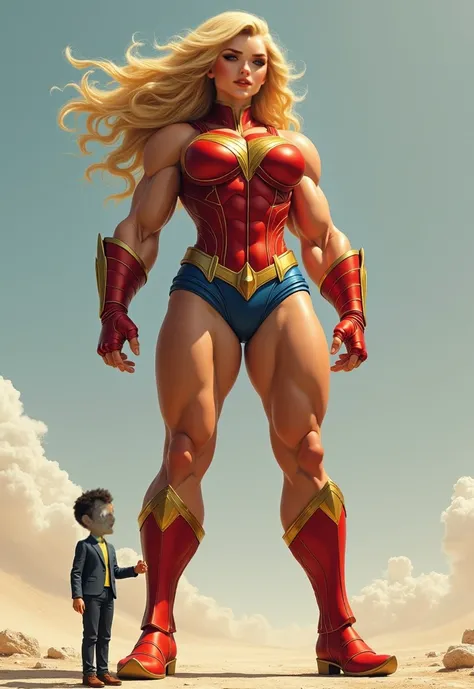 Blonde superheroine, exaggerated muscles, large breasts, red gold and blue costume, standing next to a shrunken man