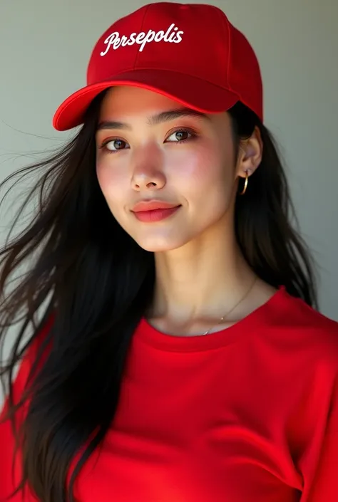 A beautiful 22-year-old girl with long black hair, a red T-shirt, and a red tennis cap with Persepolis written on it.