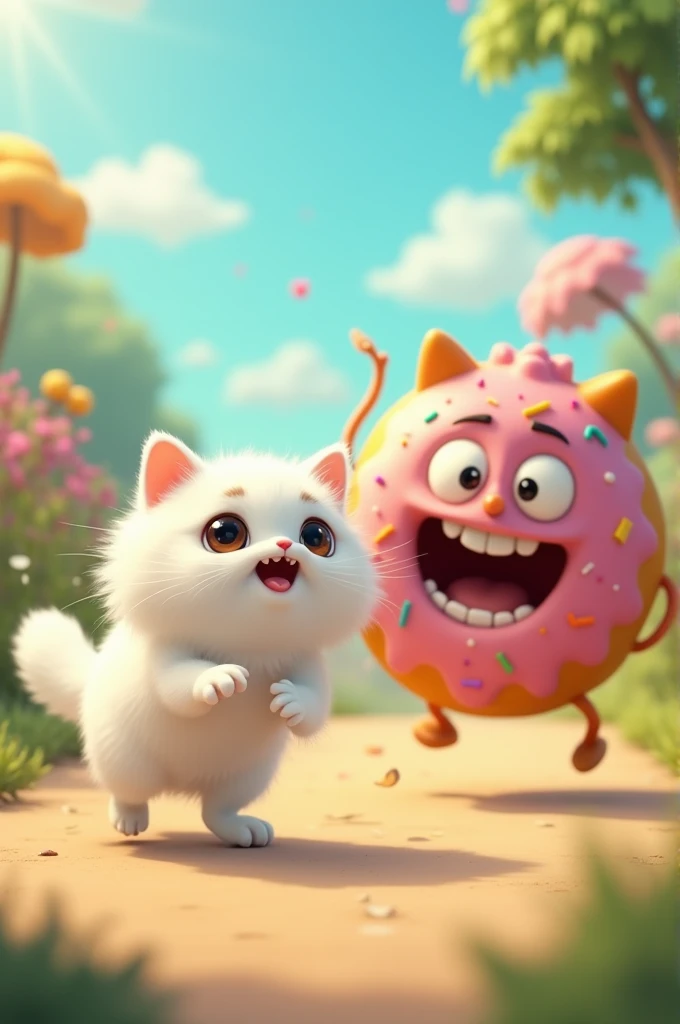 Buatkan video kucing lucu putih dikejar monster donat