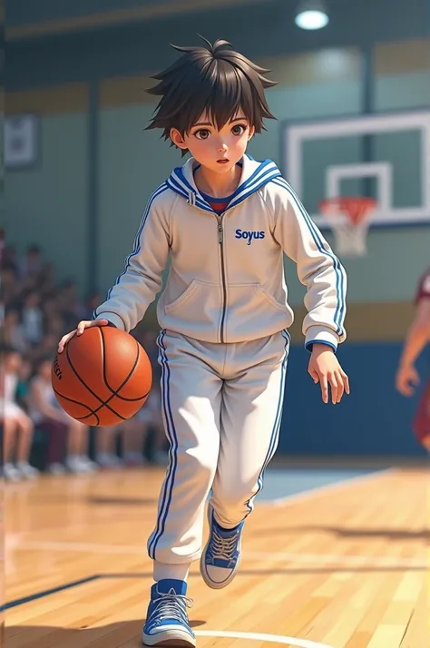  Image of junior high school student wearing white tracksuit with blue stripes on neck collar and sleeves and written "SOYUS "  and playing basketball 