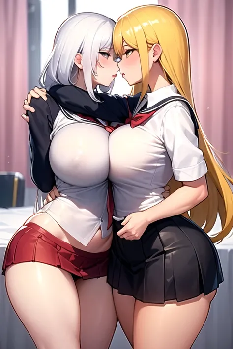 lesbian (very long loose yellow hair)( Big Tits,  big thighs)(with school uniform clothes it is very tight) that he is kissing and touching his parts at school with his girlfriend(that they are in a very sexy and compromising position with their girlfriend...