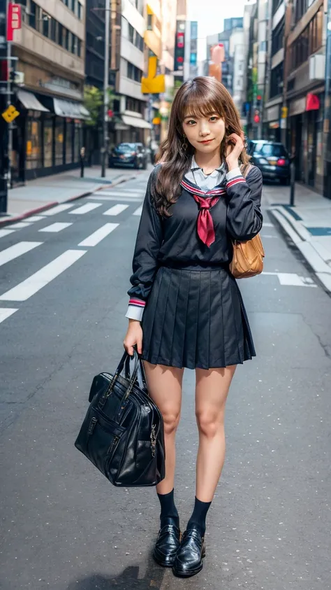 a beautiful 18 year old Japanese high school girl with perfect anatomy, healthy thighs, beautiful legs, beautiful skin, random hair color and style, large breasts, (wearing a Japanese schoolgirl uniform:1.3), (she is standing:1.2), penny loafers, holding a...