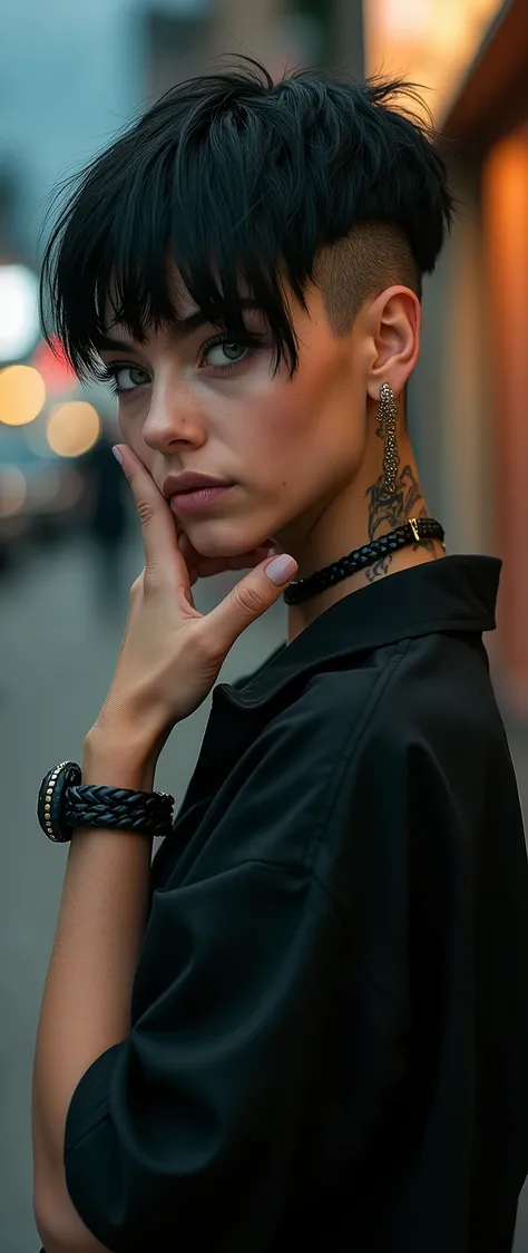 In professional realistic photography style, a young woman wearing a wide black shirt short androgen style hair shaved on the sides of her head ,  short straight black hair neck tattoo dark makeup around her eyes is in profile with one hand in her hair tho...