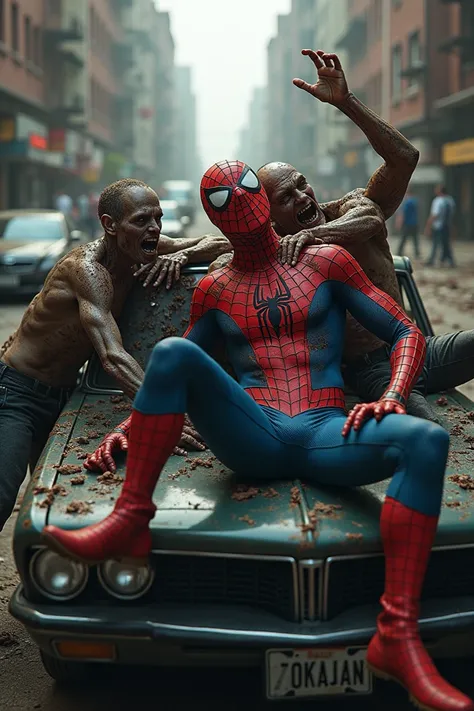 Spiderman lying on a car in a deserted city destroyed by a zombie apocalypse all around him there are zombies trying to bite him three zombies have grabbed him one by the leg the other by the hand and the third by the shoulders grabbed him and the third on...