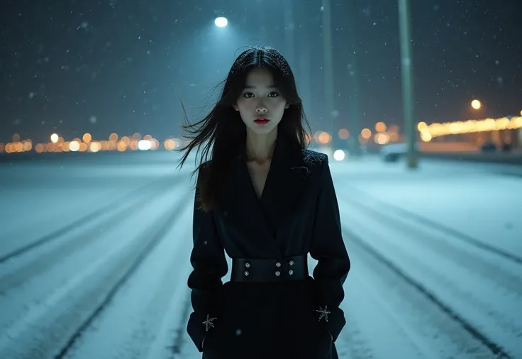 night time, flirty 20 year old Korean girl wearing a black Japanese school uniform, on the snowy tarmac of a US air force base, snowy Christmas scene, wide angle lens photo