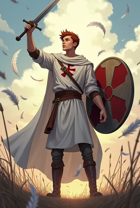 Slim young man without a beard,high, chestnut,  male shield disguised as a Teutonic warrior white robe with the Teutonic cross,   poses of victory sword in hand  ,  Arrows clavadas en su escudo,  that went to him and in all directions with his shield, anim...