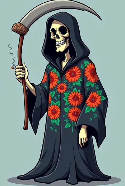 cartoon of a reaper wearing a flowery shirt holding a cigarette and smiling