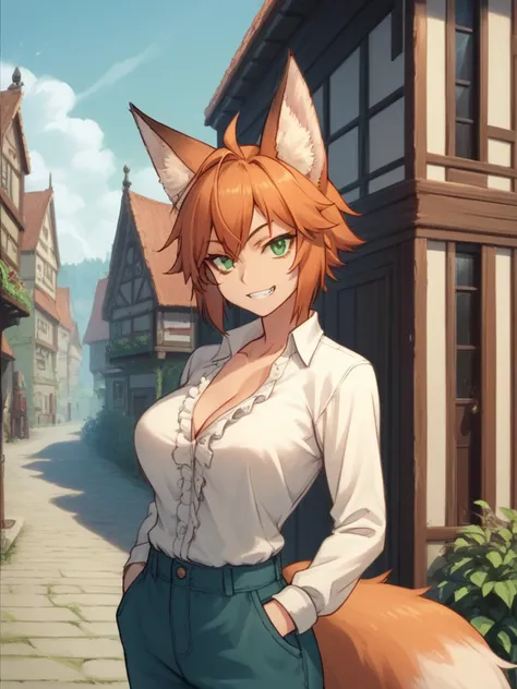 good lighting, masterpiece, good quality, 1girl, solo, shoulder-length dark orange hair, green eyes, fox girl, kemonomimi, fluffy fox tail, fox ears, playful grin, posing, hands in pockets, leaning back, tomboy, chaste Victorian era 1840s clothing, trouser...