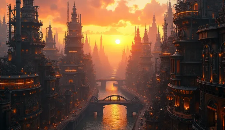 Steampunk Worlds、Steampunk cityscape filled with gears of all sizes, intricate machinery and cogs, Victorian architecture, atmospheric lighting, and a vibrant sunset in the background, showcasing a bustling metropolis powered by steam and innovation.、Gears...