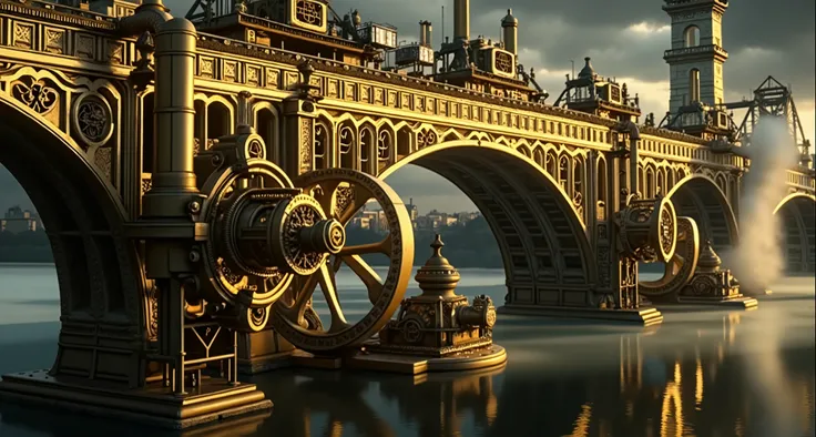 Viaduct over the navigable river made of numerous metallic gold watch pulleys, ultra-sharp focus, highly detailed, crisp edges, high-definition texture, clarity across the entire scene